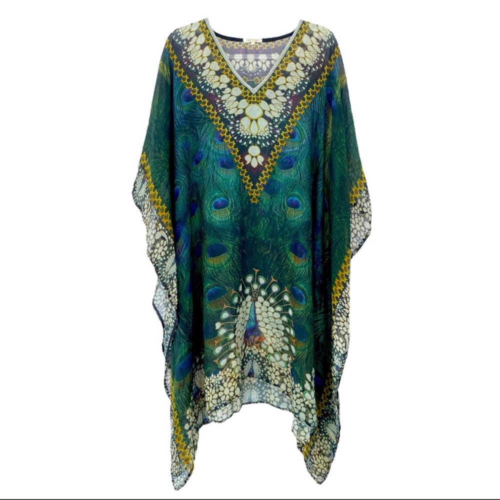 Renzo + Kai Peacock Kaftan Silk Dress Coverup Tunic